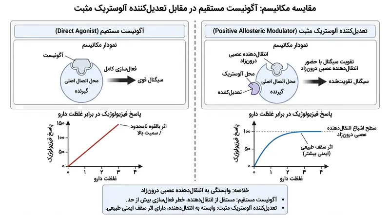 برخلاف آگونیست‌های مستقیم، تعدیل‌کننده‌های آلوستریک مثبت نمی‌توانند کانال کلرید را بدون حضور گابای طبیعی باز کنند.