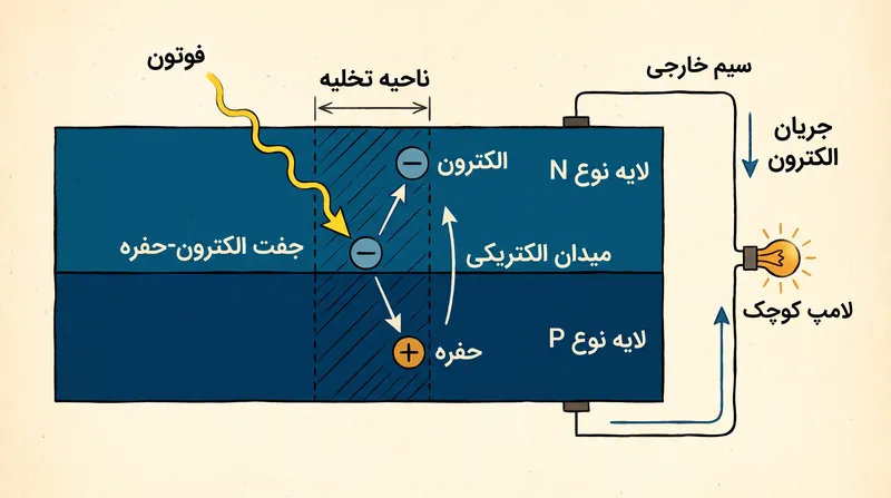 میدان الکتریکی درونی، الکترون را مجبور می‌کند تا برای ترکیب مجدد از یک مدار خارجی عبور کند و جریان الکتریکی تولید نماید.