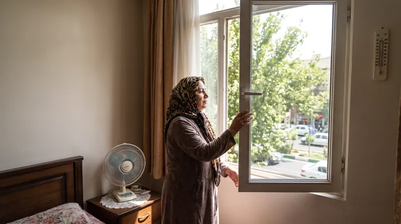 A bright bedroom with a slightly open window and an air quality monitor on the nightstand.
