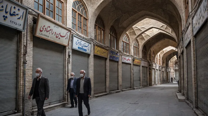 ردیفی از مغازه‌های تعطیل با کرکره‌های پایین کشیده شده در یک بازار سنتی در روز روشن