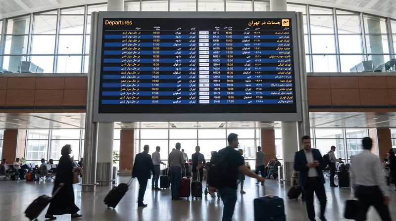 Travelers standing in an airport terminal looking up at a flight departure board with their luggage.