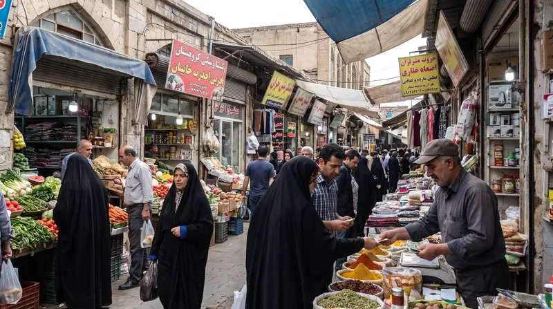 A stressed Iranian worker looking at prices in a traditional food market.