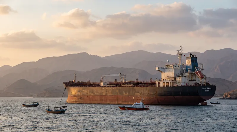 An oil tanker sailing through the waters of the Gulf of Oman under clear skies.