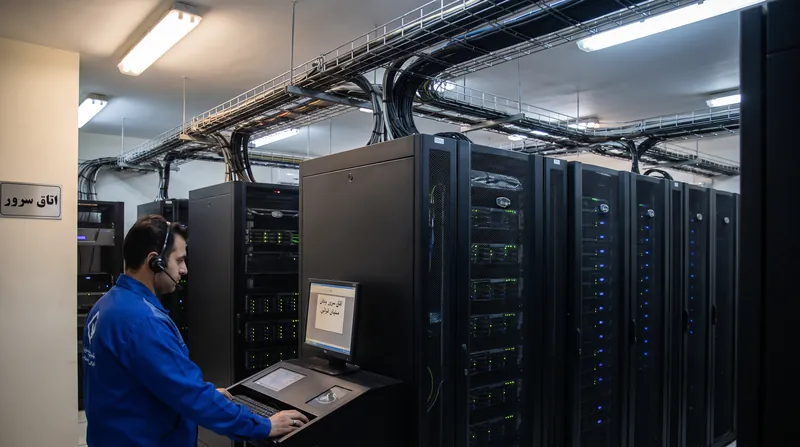 A dark server room with glowing lights and a computer screen showing a glitched global map.