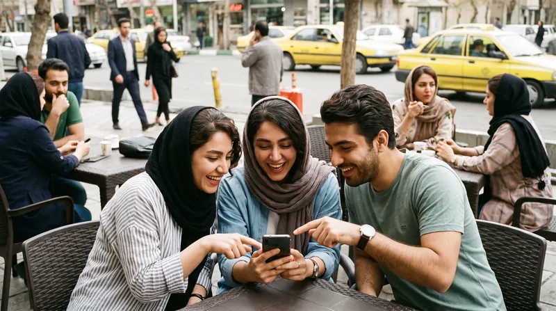 A group of young friends looking at a smartphone together in a cafe setting.