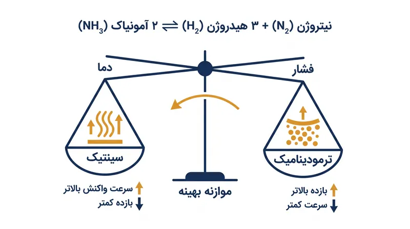 معادله شیمیایی برای تولید دو مول آمونیاک به چهار مول گاز واکنش‌دهنده نیاز دارد که این امر واکنش را به شدت نسبت به فشار حساس می‌کند.