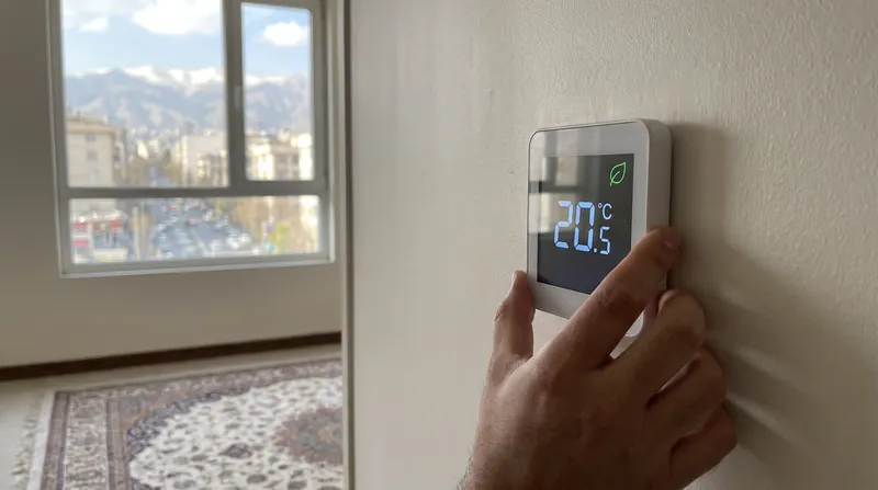 A person adjusting a digital wall thermostat to 25 degrees Celsius in a brightly lit room.