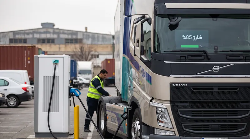 A modern electric heavy-duty truck charging at a high-tech station at dusk.