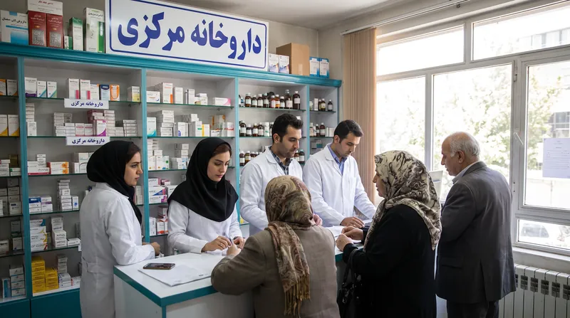 Interior of an Iranian pharmacy showing a pharmacist speaking with a customer across a counter filled with medicine boxes.