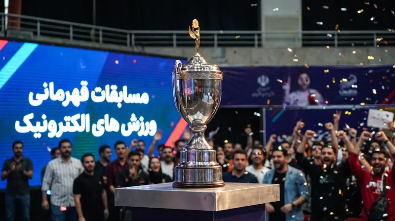 A brightly lit esports arena stage featuring a championship trophy and falling confetti.
