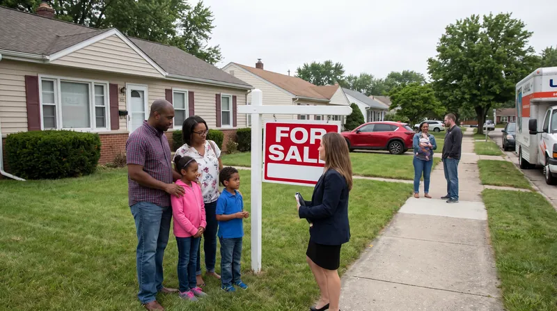 A suburban house in the United States with a For Sale sign in the front yard.