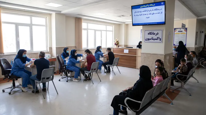 A healthcare worker in a hospital clinic preparing a vaccine syringe while patients wait in the background.