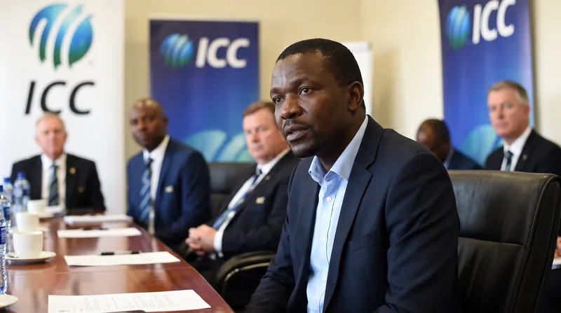 Tavengwa Mukuhlani wearing a formal suit, representing Zimbabwe Cricket and the ICC in a professional setting.