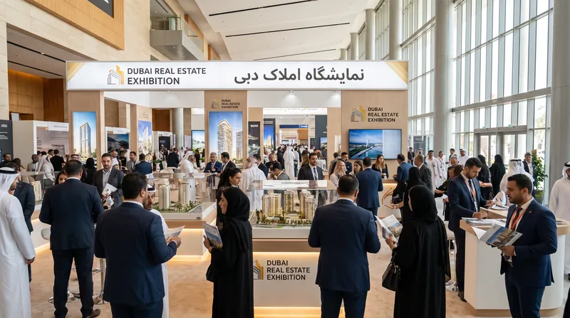 A bustling real estate exhibition hall in Dubai with professionals discussing scale models of new developments.
