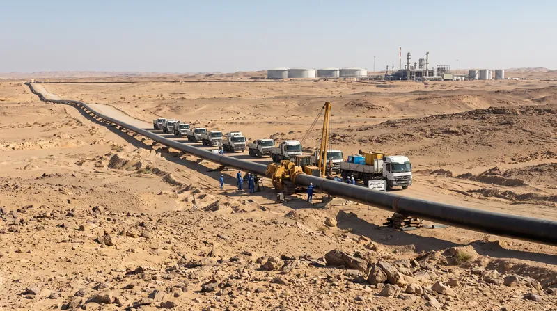A large industrial oil pipeline and pumping station situated in a vast desert landscape under a hazy sky.