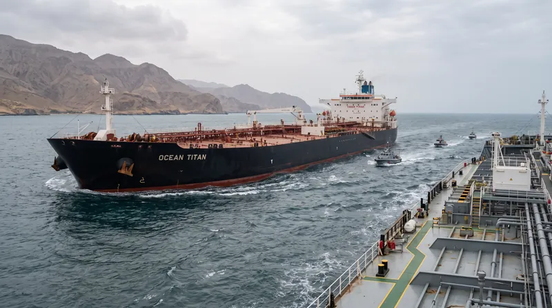 A large oil tanker flying the Togo flag navigating the waters of the Strait of Hormuz at twilight.