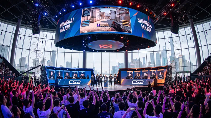 A massive, brightly lit esports arena stage packed with cheering fans for a Counter-Strike 2 tournament.