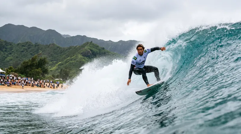 A professional surfer riding deep inside a large, hollow blue wave at Desert Point, Indonesia.