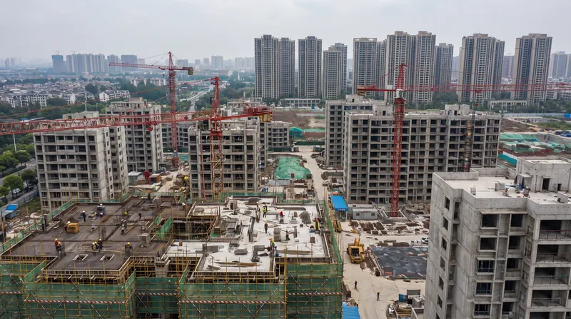Tower cranes and unfinished concrete apartment buildings at a stalled construction site in China.