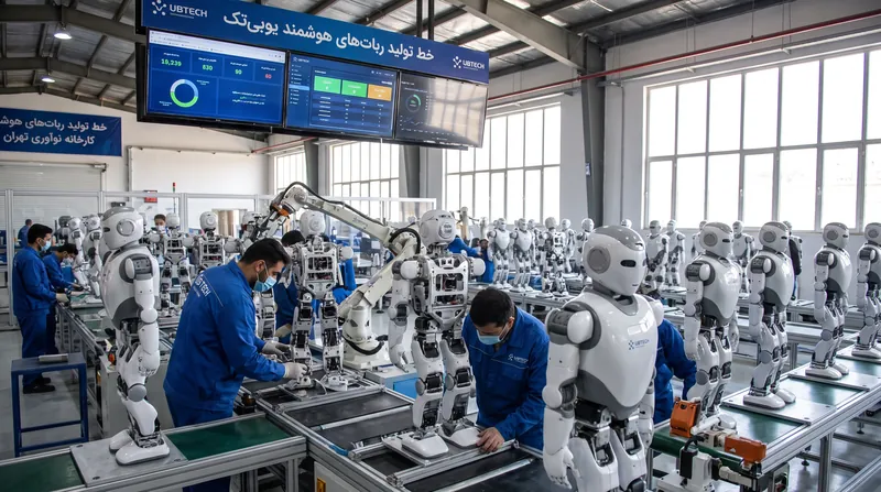 ردیفی از ربات‌های انسان‌نمای در حال مونتاژ در یک کارخانه پیشرفته و کاملاً خودکار در چین