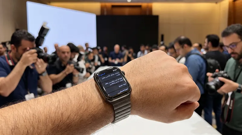 Close-up of the Apple Watch Series 12 worn on a wrist displaying health tracking metrics.
