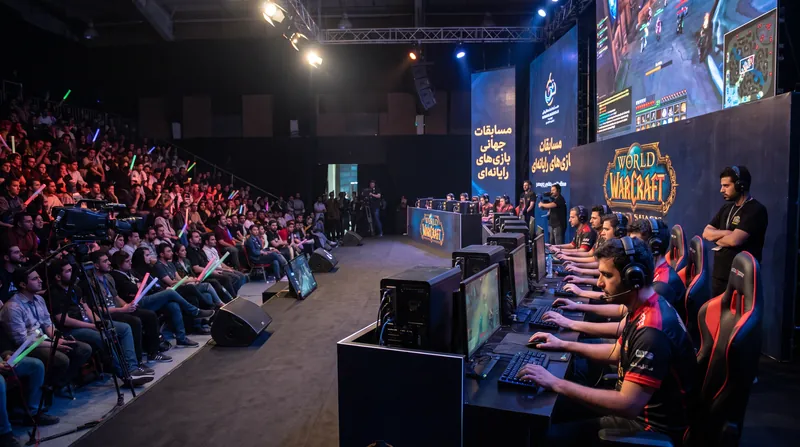 Four esports players in jerseys celebrating on a brightly lit stage while lifting a trophy.