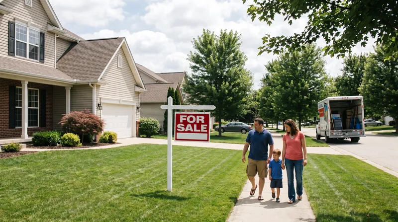 A suburban house in the United States with a 'Pending' real estate sign in the front yard.