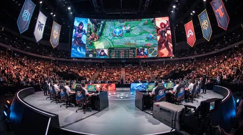 A massive League of Legends esports stage glowing with neon lights, ready for competitors.