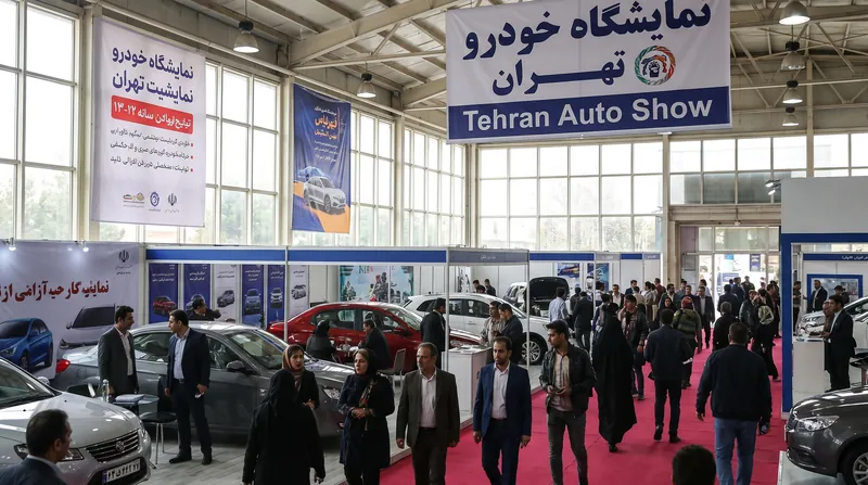 نمای کلی از سالن هفتمین نمایشگاه بین‌المللی خودروی تهران با حضور بازدیدکنندگان و خودروهای جدید