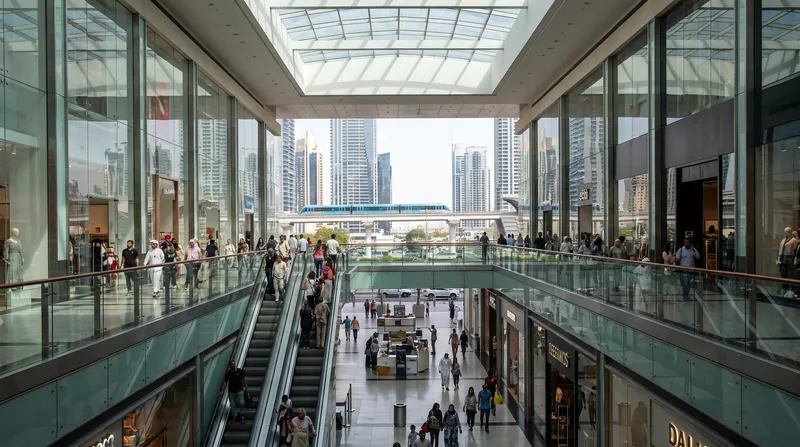 People walking past modern ground-floor retail shops and cafes in a sunny Dubai residential community.