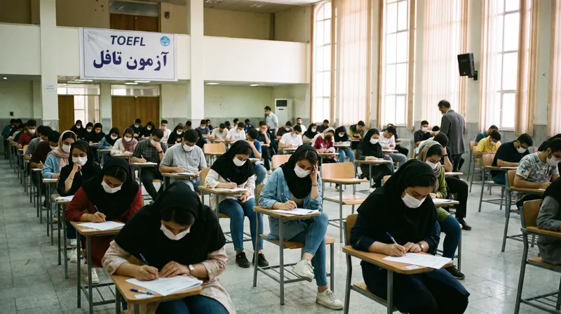 دانشجوی جوان ایرانی در حال مطالعه با لپ‌تاپ و کتاب‌های زبان انگلیسی با چهره‌ای نگران