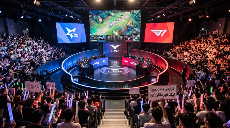 An empty esports stage with bright lights and gaming setups at the LCK LoL Park in Seoul.