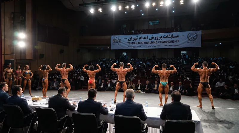 A professional bodybuilder posing on an IFBB competition stage under bright spotlights.