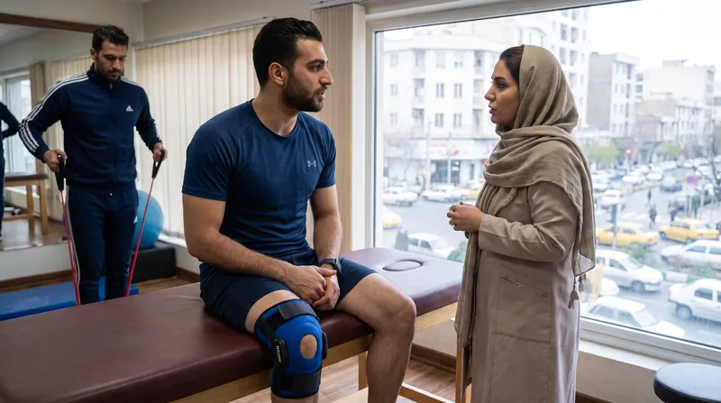 A physical therapist assisting an athlete with a rehabilitation exercise in a bright, modern clinic.