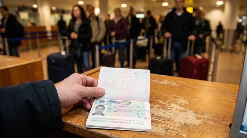 A traveler holds an Iranian passport showing a Schengen visa inside a modern European airport terminal.