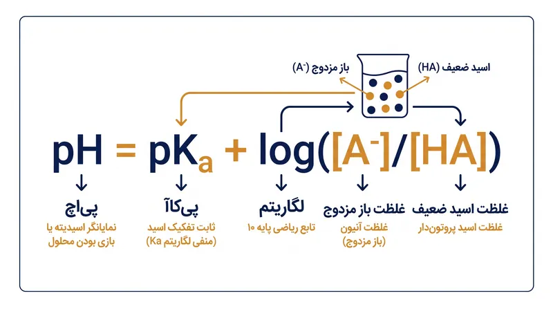 رابطه ریاضی بین pH، ثابت تفکیک اسیدی (pKa) و نسبت باز مزدوج به اسید ضعیف.