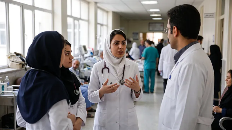 دانشجویان پزشکی با روپوش سفید در حال قدم زدن در محوطه یک دانشگاه علوم پزشکی در ایران