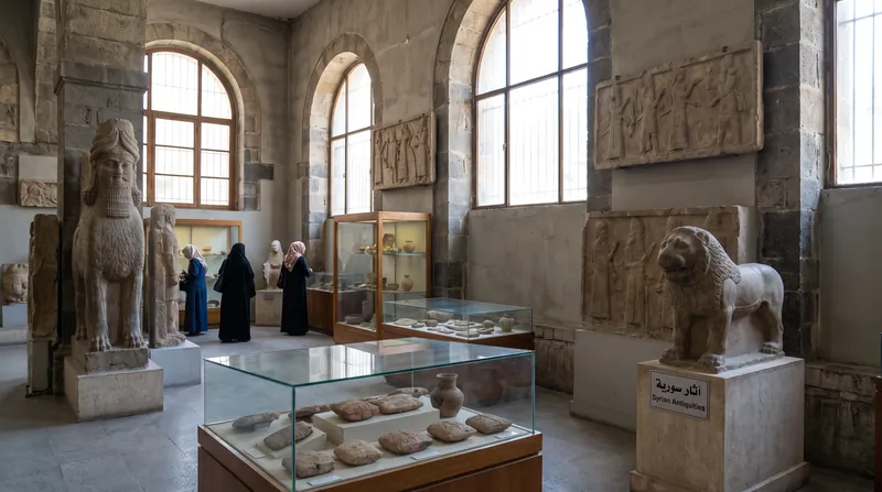 Ancient Syrian artifacts packed in wooden crates inside a dimly lit museum storage room.