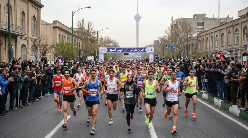 A group of young men and women running in a marathon in a bright city park.