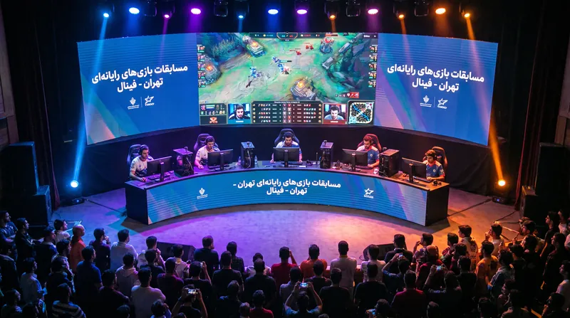 A brightly lit professional esports tournament stage with gaming booths and large screens.