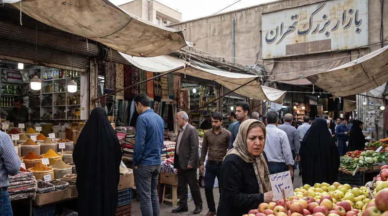 People shopping for groceries in a traditional Tehran market, looking concerned about high food prices.