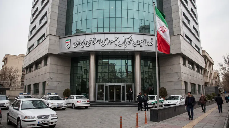نمای بیرونی ساختمان فدراسیون فوتبال ایران در تهران با پرچم‌های نصب شده در یک روز آفتابی.