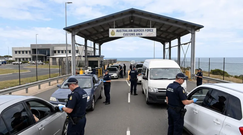 Australian Border Force officers in uniform checking travel documents at an airport terminal.