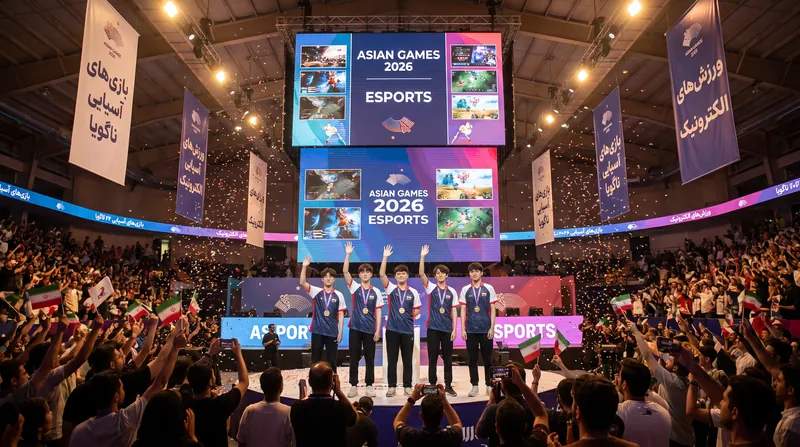 A large esports stage at the Asian Games with players in booths and giant screens displaying gameplay.