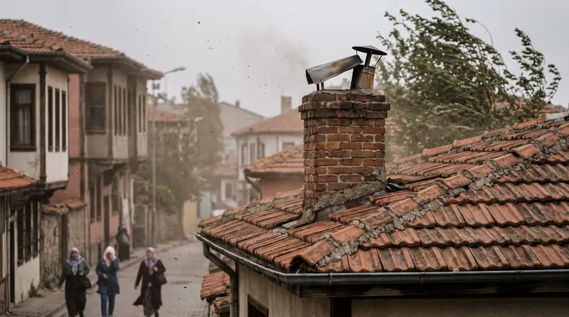 A metal chimney pipe on a residential roof with a tall apartment building in the background.