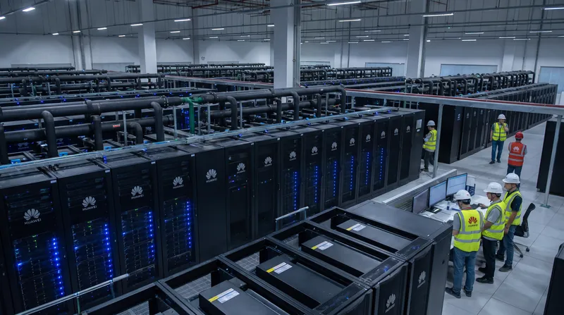 A massive AI data center server rack system with glowing blue and amber lights.
