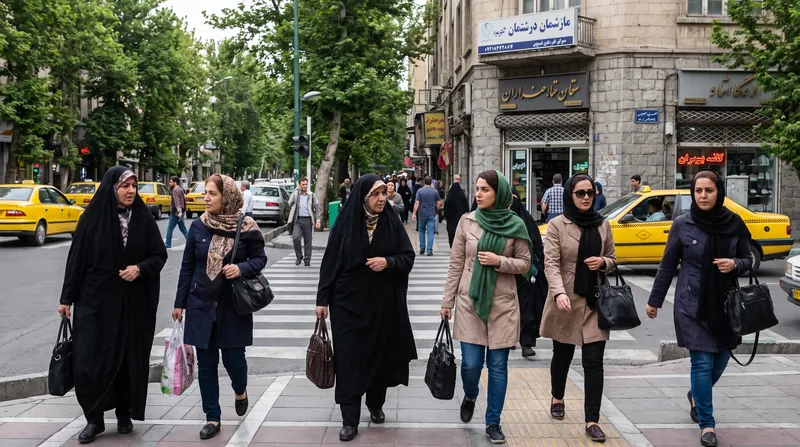 Iranian women walking confidently on a sunny street in Tehran, some without headscarves.