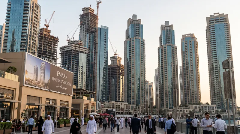 Aerial view of Dubai Marina and Palm Jumeirah showing luxury residential buildings and villas at sunset.