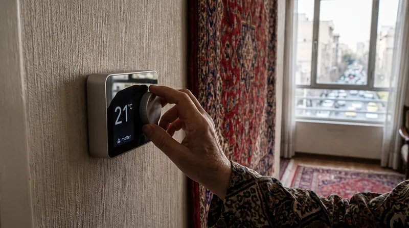 A modern smart thermostat mounted on a white wall with a smartphone showing a smart home app.