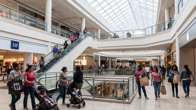 A bright, modern indoor shopping mall filled with people walking past luxury stores and restaurants.
